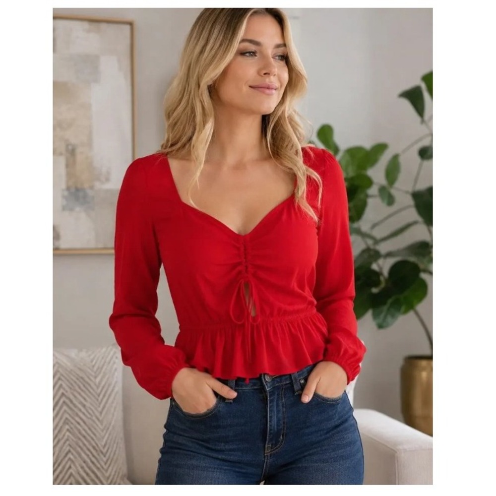Express Red Sweetheart Shirred Keyhole Peplum Long Sleeve Top Small NWT